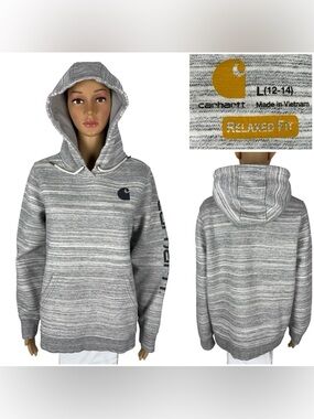 Carhartt Womens Large Hoodie Graphic Sleeve Relaxed Shadow Space Dye Gray